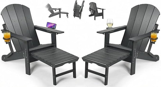 PASAMIC Folding Adirondack Chairs Set of 2 with Retractable Ottoman, 5-Position Adjustable Backrest, HDPE All-Weather Fire Pit Chairs with 2 Hidden Cup Holders, Wood-Look Outdoor Chairs (Grey)