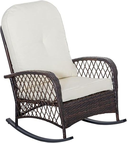 Outdoor Wicker Rocking Chair, PE Rattan Patio Rocker with Cushioned Removable Washable Covers for Porch, Garden, Backyard, Balcony(White)