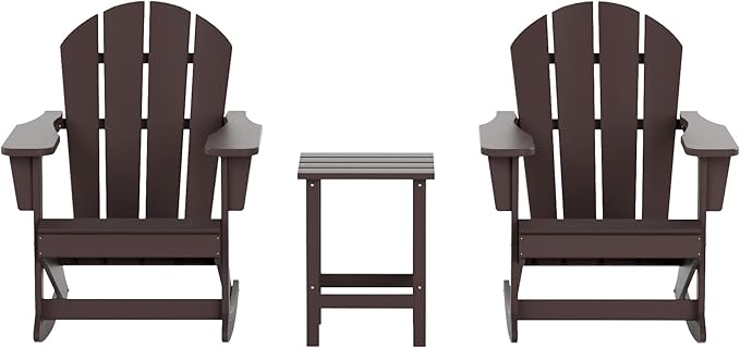 WO WESTIN OUTDOOR HDPE Laguna Outdoor Rocking Poly Adirondack Chair with Side Table 3-Piece Set, Dark Brown
