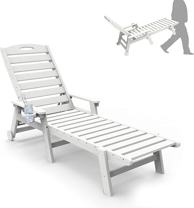 Outdoor Lounge Chairs, 78'' Long Patio Lounge Chair HDPE 5-Position Adjustable with Cup Holder & Rolling Wheels, Pool Lounge Chair for Sunbathing Tanning, Deck, Poolside -White
