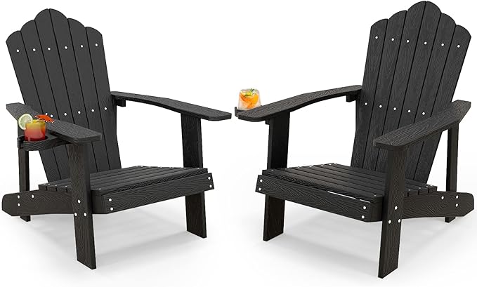 Tangkula Oversized Adirondack Chair, Patio Lounge Chairs w/Adjustable Cup Holder, HIPS Armchairs Slatted Chair, Outdoor Weather Resistant Fire Pit Chair for Deck Backyard Garden Porch (2, Black)