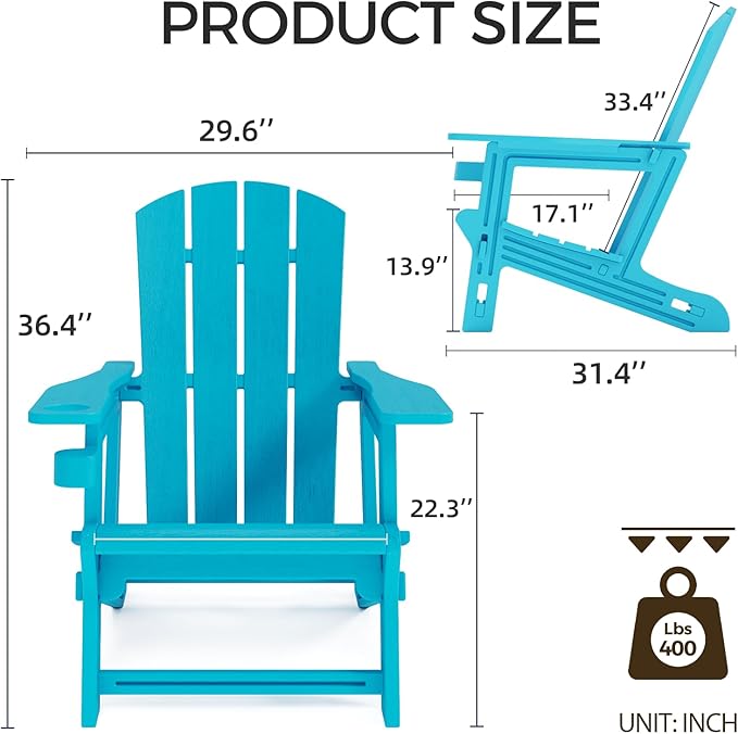 Adirondack Chair, Plastic Outdoor Patio Adirondack with Cup Holder, 400 LBS Capacity Recliner Chair Garden for Backyard Lawn Beach Sky Blue