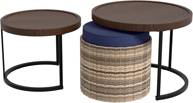 EAGLE PEAK Sunset Dune Collection Round Modern Nesting Coffee Tables, Wood Grain Top Stacking Accent Tables, Matching Ottoman, Indoor Outdoor, Set of 3, Blue