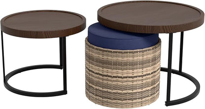 EAGLE PEAK Sunset Dune Collection Round Modern Nesting Coffee Tables, Wood Grain Top Stacking Accent Tables, Matching Ottoman, Indoor Outdoor, Set of 3, Blue