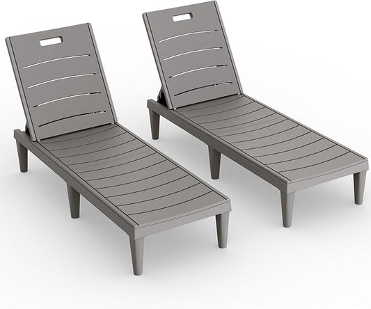 Devoko Outdoor Chaise Lounge Chair Set of 2 with 5-Position Adjustable Back, Waterproof & Lightweight PP Lounge Chairs for Outside Pool Patio (Light Brown)