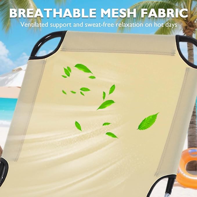 3-in-1 Heavy Duty Tanning Chair with Face Hole Adjustable 5-Position Folding Chaise Lounge Chairs Portable Lay Flat Beach Lounge Chair for Outdoor Sunbathing Patio Pool Lawn Camping Deck (Beige)