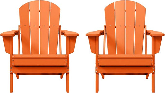 Costaelm Folding Patio Chairs Set of 2, Hdpe Adirondack Chairs Front Porch Furniture Outdoor Seating, All Weather Tanning Chair for Backyard Firepit Garden Lawn, Orange