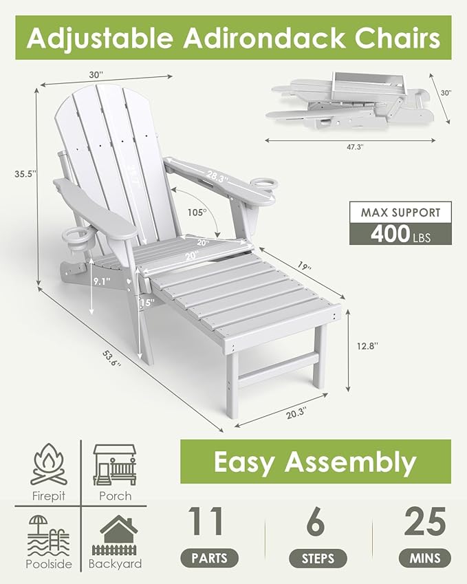 GREENVINES Adjustable Adirondack Chair with Retractable Ottoman Set of 4 | Folding | HDPE Plastic | Fire Pit Chairs w/Foot Rest | 2 Cup Holders | White | for Outdoor Patio Poolside Deck