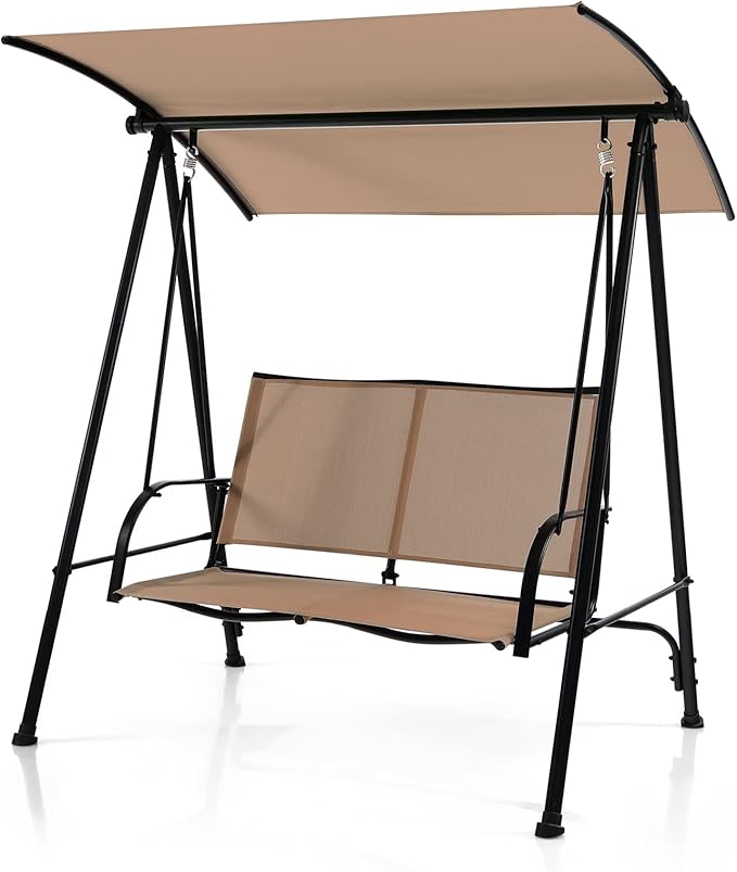 Tangkula 2 Person Porch Swing, Patio Swing with Adjustable Canopy, Comfortable Fabric Seat & Heavy-Duty Steel Frame, Outdoor Canopy Swing for Patio, Garden, Poolside (Beige)