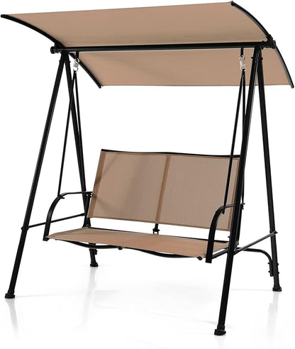 Tangkula 2 Person Porch Swing, Patio Swing with Adjustable Canopy, Comfortable Fabric Seat & Heavy-Duty Steel Frame, Outdoor Canopy Swing for Patio, Garden, Poolside (Beige)