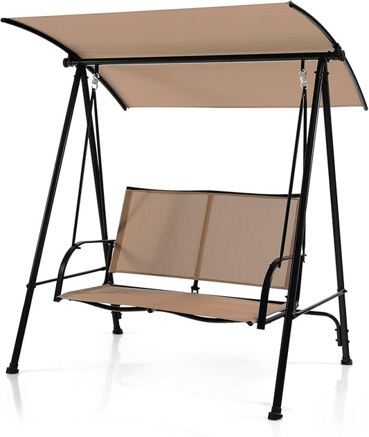 Tangkula 2 Person Porch Swing, Patio Swing with Adjustable Canopy, Comfortable Fabric Seat & Heavy-Duty Steel Frame, Outdoor Canopy Swing for Patio, Garden, Poolside (Beige)