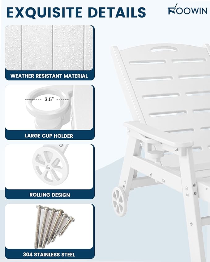 FOOWIN Chaise Lounge Chair Set of 2，HDPE Lounge Chair Outdoor with 5 Positions,Oversized Pool Lounge Chairs with Rolling Wheels & Cup Holder for Poolside Deck Backyard,White