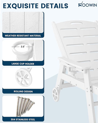 FOOWIN Chaise Lounge Chair Set of 2，HDPE Lounge Chair Outdoor with 5 Positions,Oversized Pool Lounge Chairs with Rolling Wheels & Cup Holder for Poolside Deck Backyard,White