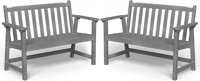 Outdoor Bench, 2-Person HDPE Garden Bench, All Weather Poly Patio Bench for Outdoors, Garden, Backyard, Porch and Park, 550 lbs Weight Capacity, Grey, 2 Pack