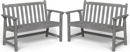 Outdoor Bench, 2-Person HDPE Garden Bench, All Weather Poly Patio Bench for Outdoors, Garden, Backyard, Porch and Park, 550 lbs Weight Capacity, Grey, 2 Pack