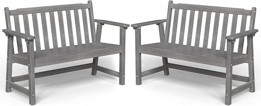 Outdoor Bench, 2-Person HDPE Garden Bench, All Weather Poly Patio Bench for Outdoors, Garden, Backyard, Porch and Park, 550 lbs Weight Capacity, Grey, 2 Pack
