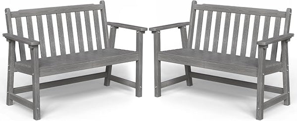 Outdoor Bench, 2-Person HDPE Garden Bench, All Weather Poly Patio Bench for Outdoors, Garden, Backyard, Porch and Park, 550 lbs Weight Capacity, Grey, 2 Pack