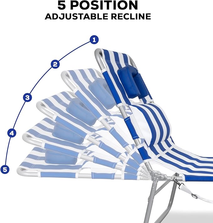 Romswi 2PK Folding Tanning Beach Chair with Face Hole, 5-Position Reclining Sun Lounger, Portable Face Down Tanning Chair with Arm Holes & Side Pocket for Beach, Pool, Patio, Navy and White Stripe