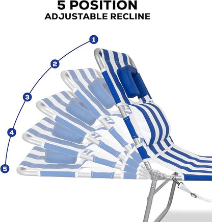 Romswi 2PK Folding Tanning Beach Chair with Face Hole, 5-Position Reclining Sun Lounger, Portable Face Down Tanning Chair with Arm Holes & Side Pocket for Beach, Pool, Patio, Navy and White Stripe