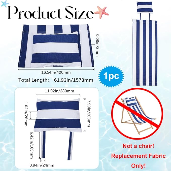GORGECRAFT Beach Sling Chair Canvas Cloth with Pillow 44x17 Blue and White Stripes Casual Lounge Chair Replacement - Photo 3