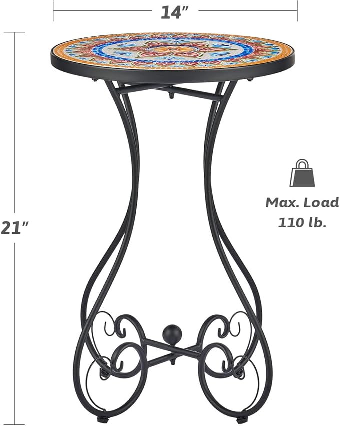 VONLUCE Outdoor Side Table and Mosaic Plant Stand, Round End Table with 14" Ceramic Tile Top for Patio Porch Decor, 21" Tall Indoor Outdoor Accent Table, Small Coffee Table for Home Garden, Ukrainian