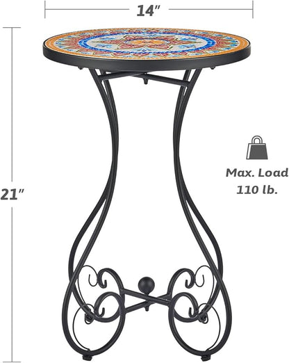VONLUCE Outdoor Side Table and Mosaic Plant Stand, Round End Table with 14" Ceramic Tile Top for Patio Porch Decor, 21" Tall Indoor Outdoor Accent Table, Small Coffee Table for Home Garden, Ukrainian