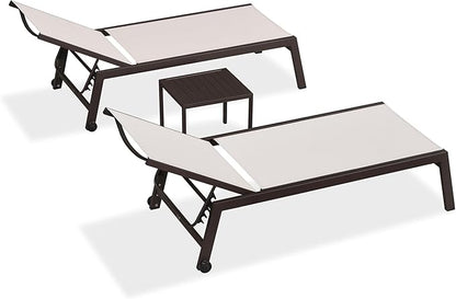 PURPLE LEAF Oversized Patio Lounge Chairs Set of 3, Reclining Pool Lounge Chairs with Side Table and Wheels for All Weather for Outdoor, Deck, Lawn, Aluminum Outside Pool, Linen