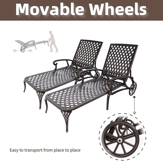 Chaise Outdoor Aluminum Lounge Chair with Wheels, 3-Position Adjustable Recliner Furniture Set for Poolside - Photo 3