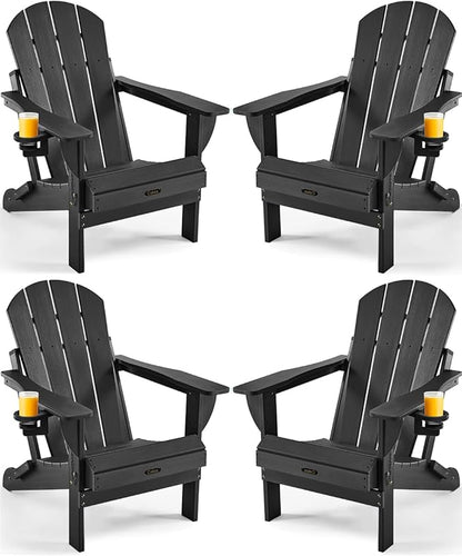 Ciokea Folding Adirondack Chair 4 Pack, Patio Adirondack Chair Weather Resistant, Plastic Fire Pit Chair with Cup Holder, Lawn Chair for Outdoor Porch Garden Backyard Deck (Black)