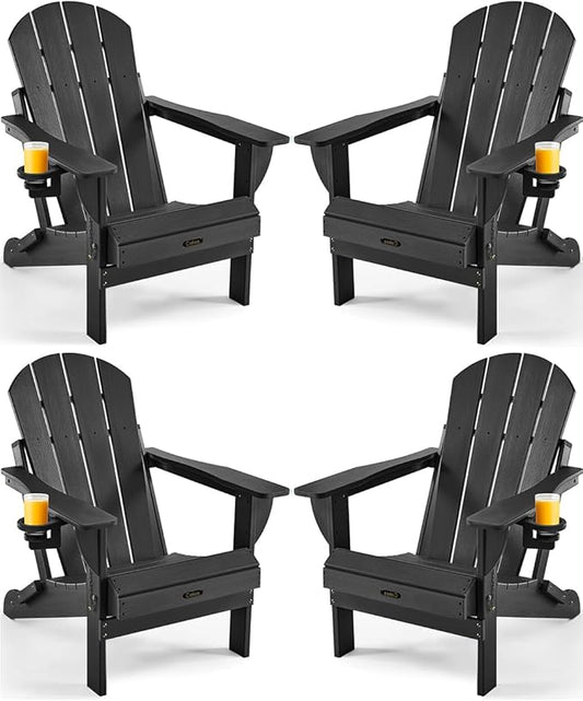 Ciokea Folding Adirondack Chair 4 Pack, Patio Adirondack Chair Weather Resistant, Plastic Fire Pit Chair with Cup Holder, Lawn Chair for Outdoor Porch Garden Backyard Deck (Black)