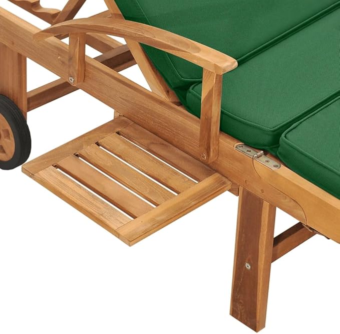Solid Teak Wood Sun Lounger with Green Cushion, Adjustable Outdoor Chaise Lounge Chair with Wheels for Patio, Poolside - Photo 7