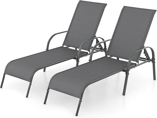 Giantex 2 Pack Patio Lounge Chair, Outdoor Chaise Lounge with 5 Adjustable Backrest, Sturdy Steel Frame, Sunbathing Recliner, Tanning Chair for Beach, Outside, Yard, Balcony, Pool Chairs (2,Dark Gray)