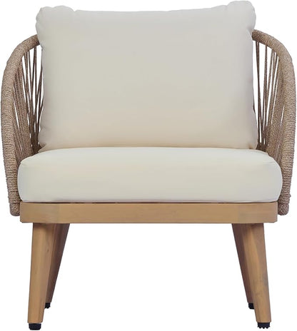 Merax Acacia Wood Outdoor Club Chair - Curved Tub Design Patio Lounge Chair with Handwoven Rope Accents & Weather-Resistant Cushion for Porch, Deck or Garden,Teak+ Beige