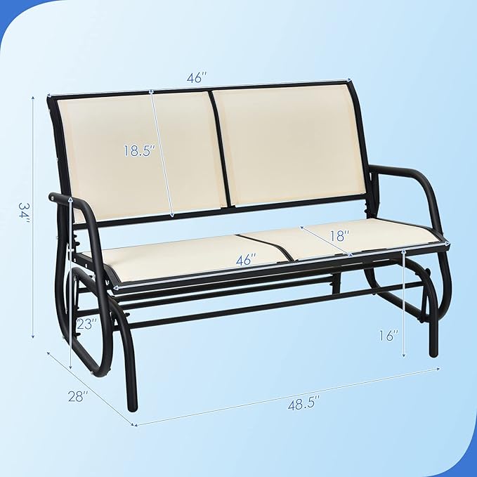 Giantex Swing Glider Chair 48 Inch with Spacious Space, 2 People Swing Lounge Glider Chair Cozy Patio Bench Outdoor & Indoor for Patio, Backyard, Poolside, Lawn Steel Rocking Garden Loveseat (Beige)