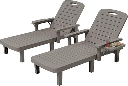 UDPATIO Outdoor Lounge Chair Set of 2 with Arms, Resin Reclining Patio Chaise with Side Table - 5-Position Adjustable Sunbed, Waterproof Pool & Beach Reclining Chair