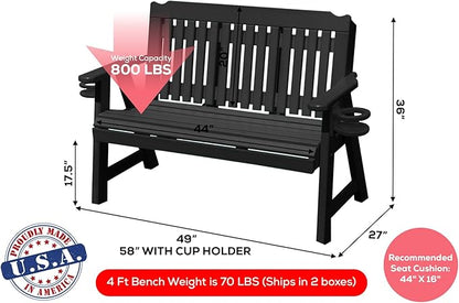 2-Person 4FT Plastic Poly Lumber Wood Cup Holders Bench Amish Craftsmanship Made in USA HDPE with No wood fibers Memorial Patio Outdoor Garden Porch Church Logan Series Signature design 800 lbs Limit