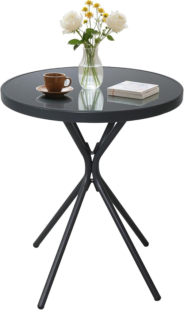 Outdoor Round Coffee Side Table, Tempered Glass Tabletop, All-Weather Bistro Table, Suitable for Terraces, Gardens - Photo 1