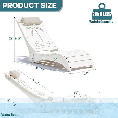 in Pool Lounge Chairs Set of 2, HDPE Pool Chaise Loungers for Sun Shelf up to 9 Inches, Fade-Resistant, 3-Position Adjustable Backrest with Headrest, Ergonomic Poolside Lounger, White