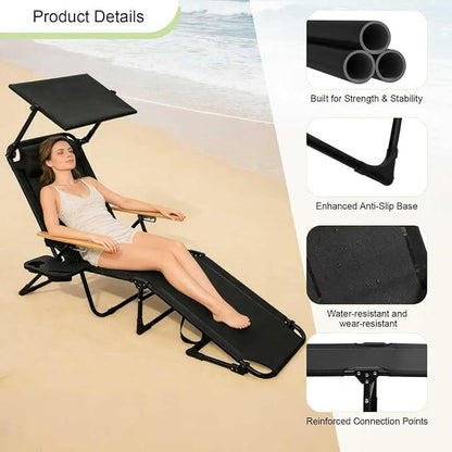Folding Lounge Chairs for Outside, Beach Patio Lounge Chair with Canopy, Sunbathing/Tanning Chair with 4 Adjustable Backrest & Cup & Pillow,Holds 330 Lb, Outdoor Garden Pool