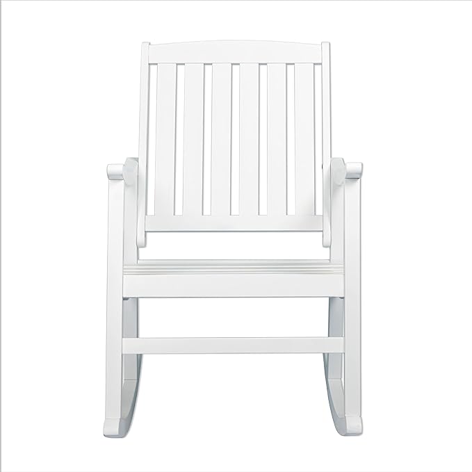 Eyely KCR102C Winnie Classic Slat-Back 300-Lbs Support Acacia Wood Patio Outdoor Rocking Chair for Garden, Lawn, Backyard, Pool, Deck, Beach, Firepit, White