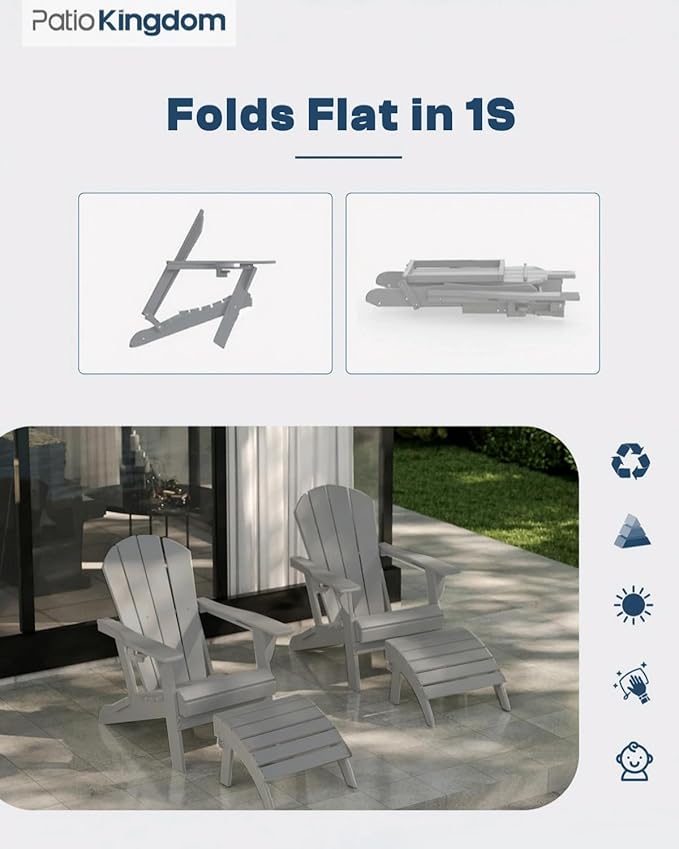 Grey 6-Piece Folding Adirondack Chair Set with Cup Holders, Ottomans, Side Table & Beige 11FT Cantilever Umbrella with Base, HDPE Outdoor Chairs