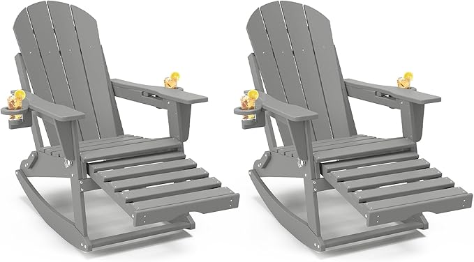 Adirondack Rocking Chairs Set of 2 with Retractable Ottoman, All Weather Folding Adirondack Chair with Two Cup Holders, Adirondack Outdoor Rocking Chairs for Porch, Patio, Balcony. White Grey