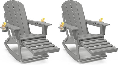 Adirondack Rocking Chairs Set of 2 with Retractable Ottoman, All Weather Folding Adirondack Chair with Two Cup Holders, Adirondack Outdoor Rocking Chairs for Porch, Patio, Balcony. White Grey