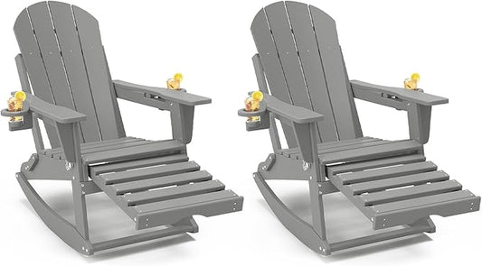 Adirondack Rocking Chairs Set of 2 with Retractable Ottoman, All Weather Folding Adirondack Chair with Two Cup Holders, Adirondack Outdoor Rocking Chairs for Porch, Patio, Balcony. White Grey