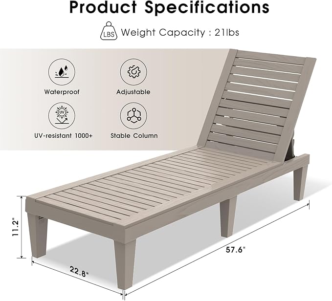 Outdoor Chaise Lounge Chair – 5-Position Adjustable Backrest, Waterproof Resin Wicker Sun Lounger for Pool, Patio - Photo 3
