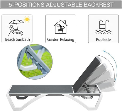 Domi Outdoor Chaise Lounges, Adjustable Aluminum Patio Lounges, Plastic Pool Lounge Chairs for Deck Lawn Backyard(2 Grey Lounges W/Table)