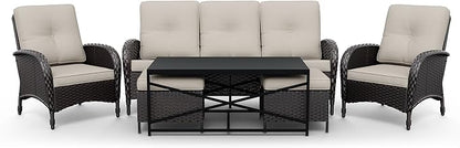 Joyside Wicker Patio Furniture Set, 6 Piece Outdoor Furniture Set with Thickened Cushions, High Back, Deep Seating, Wide Armrest, Rattan Outdoor Chairs for Porch, Deck