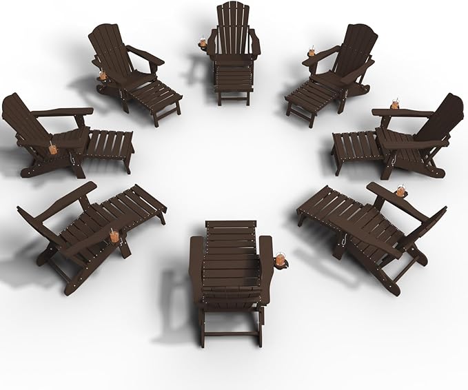 Adjustable Adirondack Chairs with Retractable Ottoman Set of 8, HDEP Folding Adirondack Chair with Footrest & Cup Holder, All Weather Fire Pit Chair for Outdoor,Brown