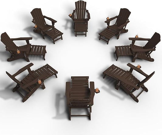 Adjustable Adirondack Chairs with Retractable Ottoman Set of 8, HDEP Folding Adirondack Chair with Footrest & Cup Holder, All Weather Fire Pit Chair for Outdoor,Brown