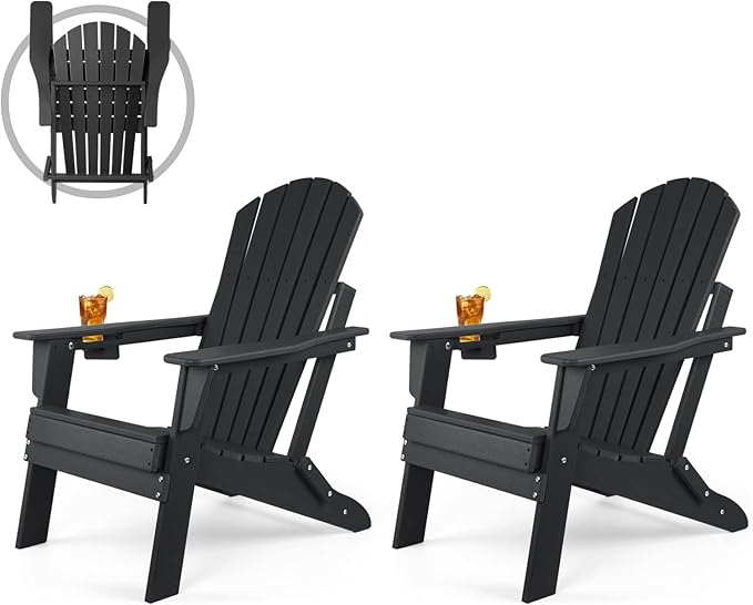 FUNBERRY Folding Adirondack Chair Set of 2, HDPE All Weather Fire Pit Chairs with Cup Holder for Outdoor